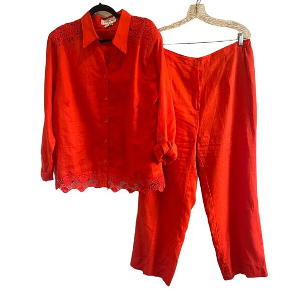 EY Signature 100% Linen Pants Shirt Set Orange Plus Size 3X - Picture 1 of 8